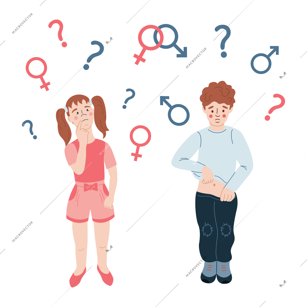 Sex education for kids flat concept with girl and boy characters question marks male and female symbols on white background vector illustration