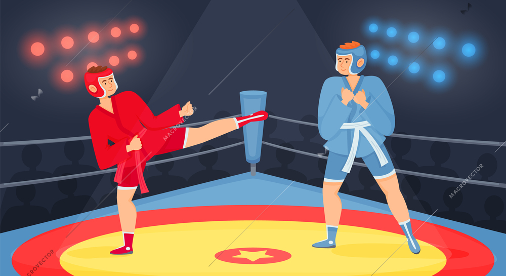 Fighters flat composition with indoor view of boxing ring with audience silhouettes lights and fighting kickboxers vector illustration