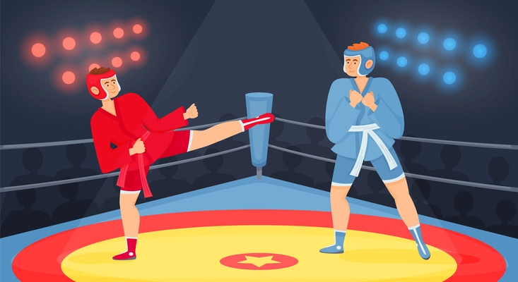 Fighters flat composition with indoor view of boxing ring with audience silhouettes lights and fighting kickboxers vector illustration