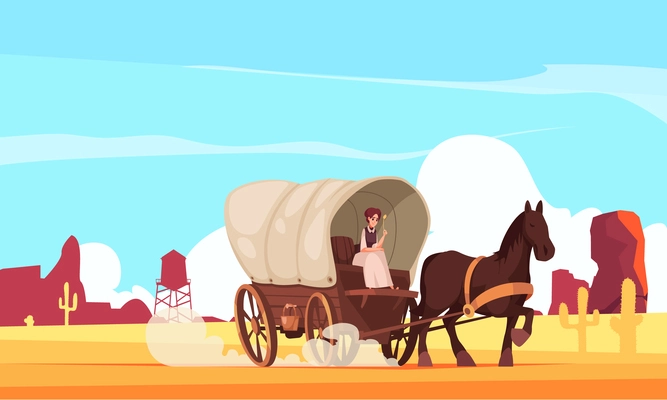 Horse drawn vintage vehicle cartoon composition with girl sitting in covered wagon at south nature background vector illustration