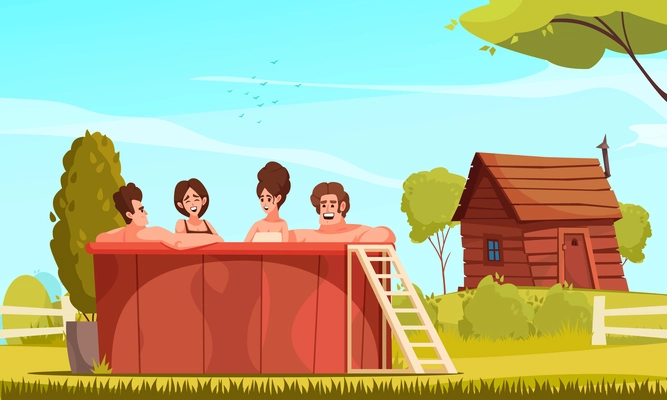 Bathing  cartoon composition with group of happy young people relaxing together outdoor in wooden barrel near village bath vector illustration