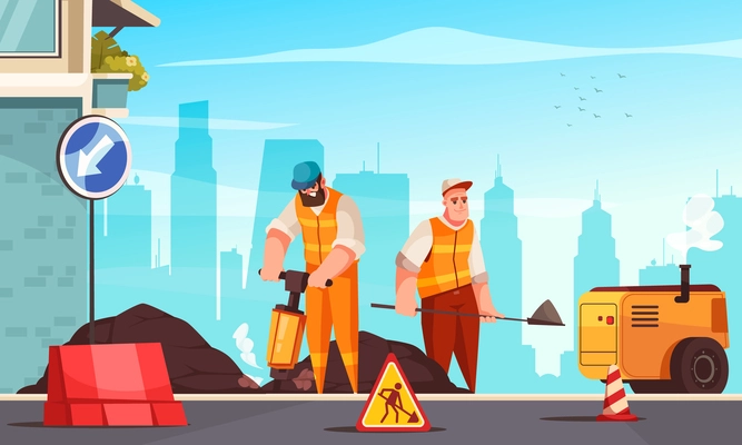 Road repair cartoon vector illustration with two male workers in road form making asphalt maintenance