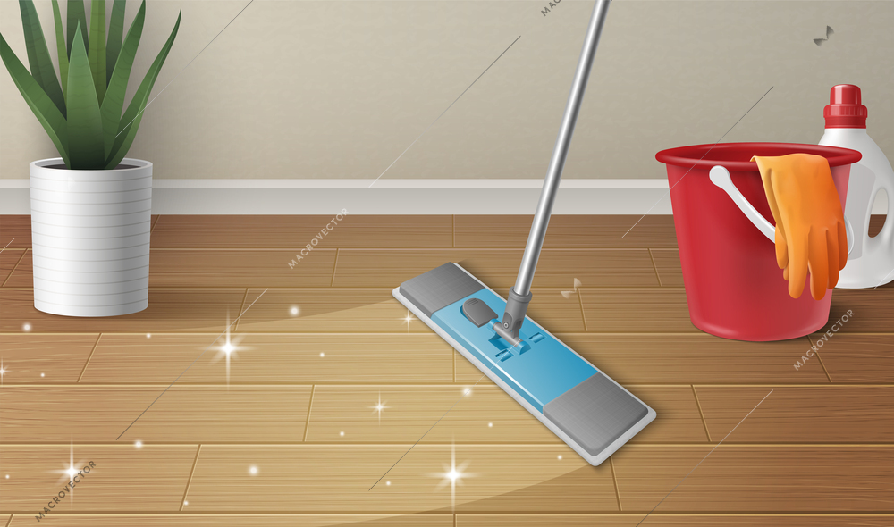 Household cleaning products composition with plastic bucket and brush washing floor realistic vector illustration