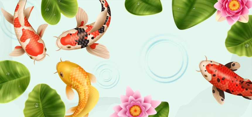 Realistic koi fish composition with top view of lake with lotus flowers leaves and colorful fishes vector illustration