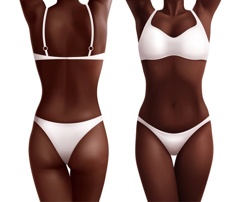 Black female woman body set with two realistic views of african american girl front and rear vector illustration