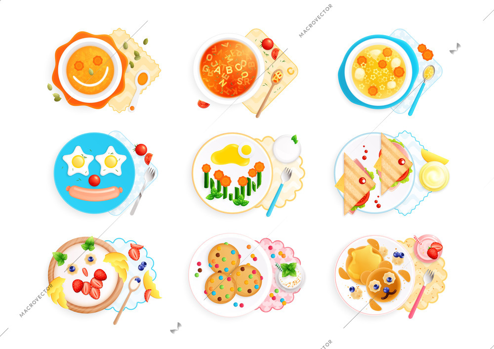 Childish dishes food design flat set with isolated compositions of served food on plates funny faces vector illustration