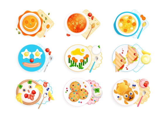 Childish dishes food design flat set with isolated compositions of served food on plates funny faces vector illustration