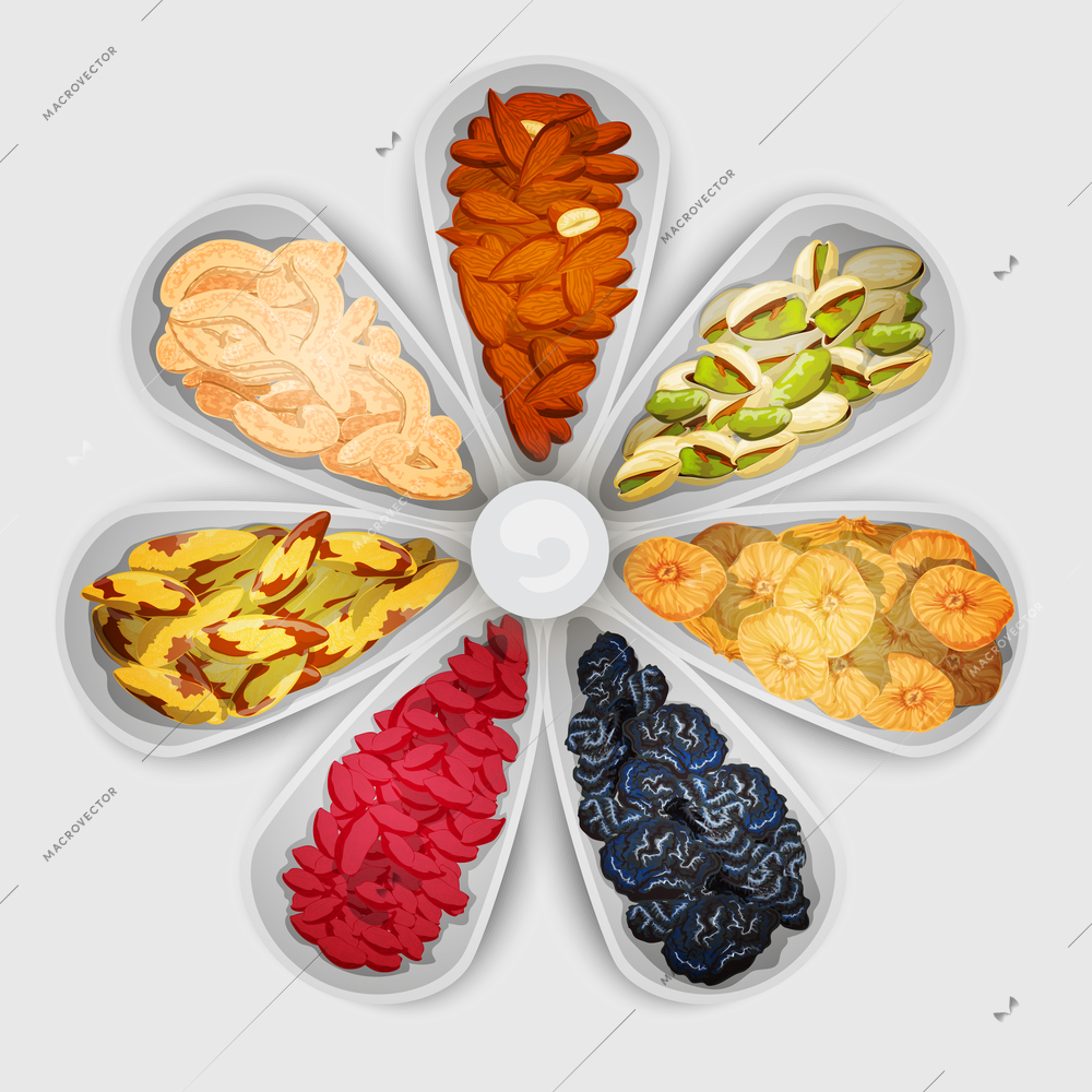 Nuts and dried fruit raw food assorted in bowls vector illustration