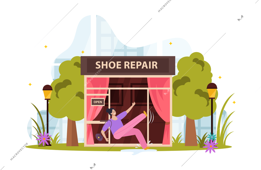 Woman slipping on puddle and falling in front of shoe repair store entrance flat vector illustration