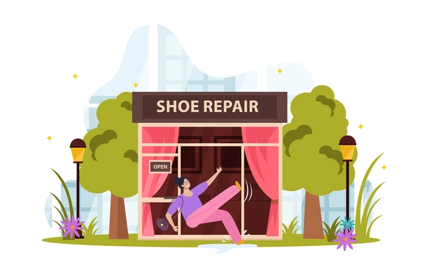 Woman slipping on puddle and falling in front of shoe repair store entrance flat vector illustration