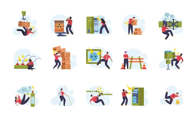 Workplace safety set of icons with employees getting injuries at work flat isolated on white background vector illustration