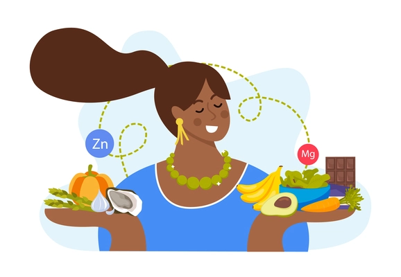 Happy woman holding zinc and magnesium rich healthy food flat background vector illustration