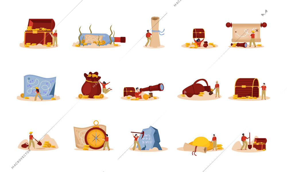 Flat treasure hunt set with ancient chest with gold scroll map bottle and happy people with shovel isolated against white background vector illustration