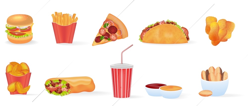 Fast food realistic set with burger pizza fizzy drink sauce chips nuggets isolated against white background vector illustration