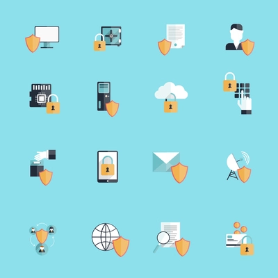 Information security online data secure transfer and hosting icon flat set isolated vector illustration