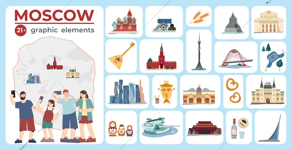 Moscow map set of isolated compositions with flat icons of city sights landmarks and tourists characters vector illustration