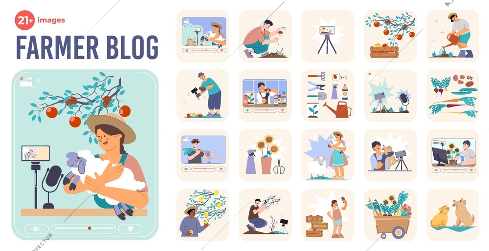 Farmer blog flat compositions set with square views of shooting routine and growing plants with people vector illustration