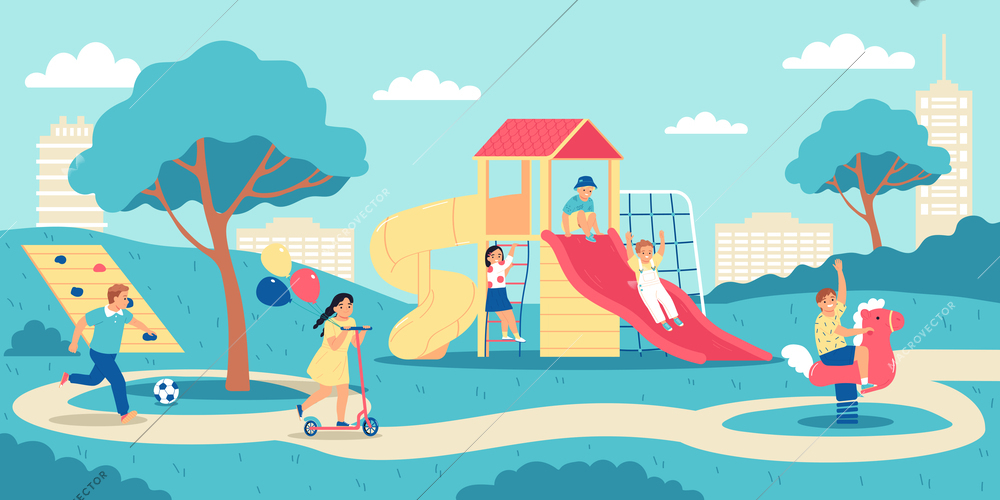 Children playground colored composition playground near the houses where children have fun and entertainment vector illustration
