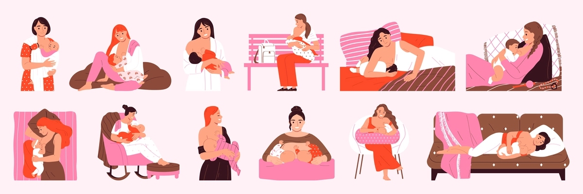 Breastfeeding color icon set women breastfeed their newborn babies in different positions vector illustration