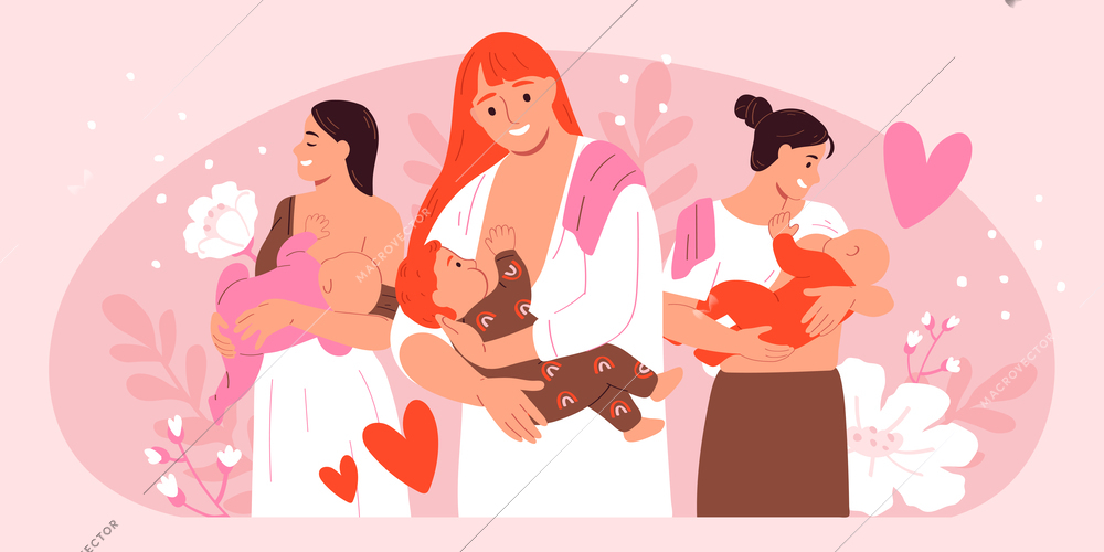 Flat and colored mother baby composition different women breastfeed their young children vector illustration