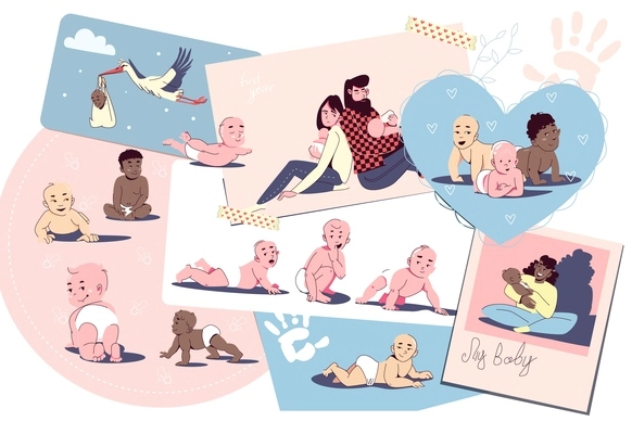 Baby drawing collage composition with cute doodle style characters of young parents and babies on cards vector illustration