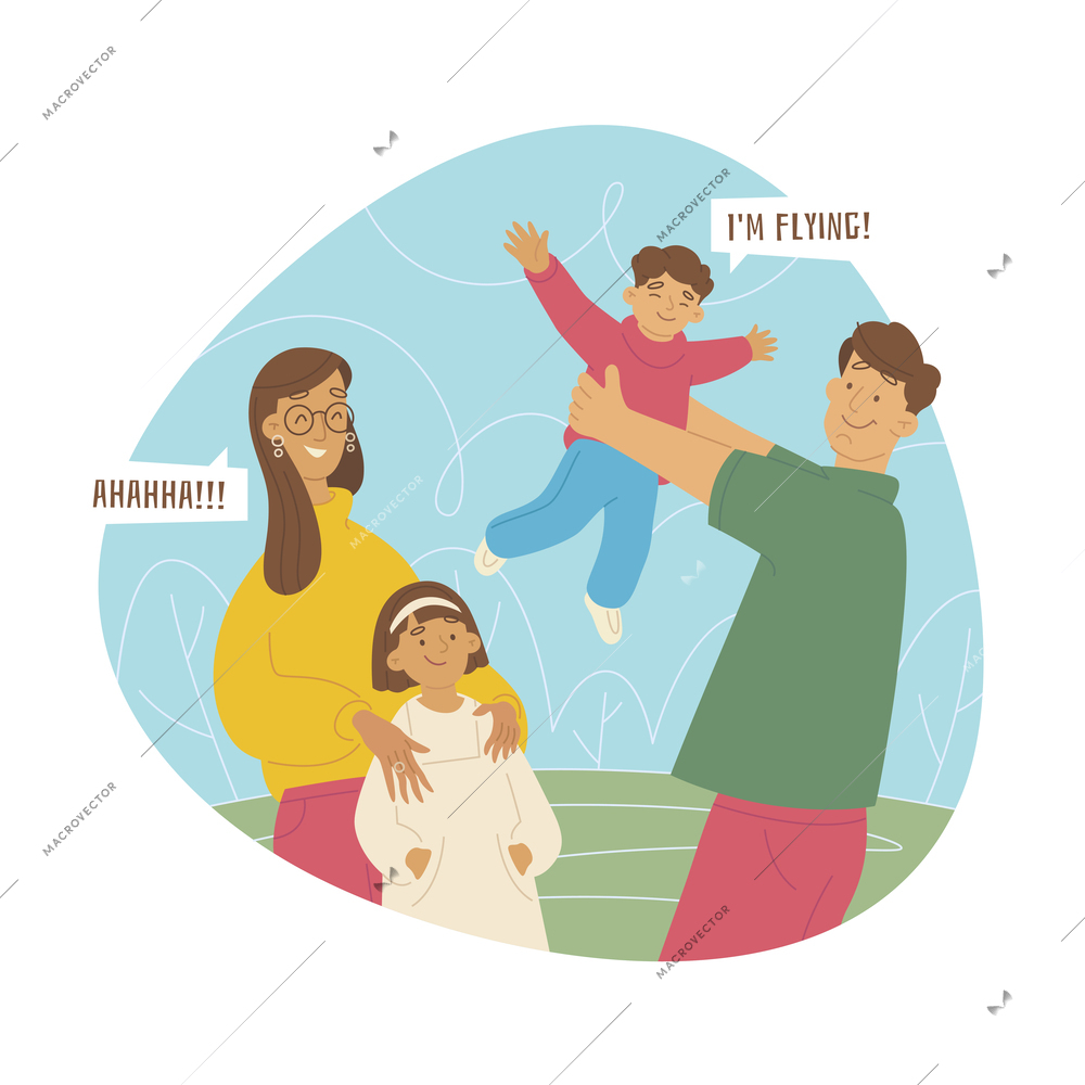 Flat happy family concept with cheerful mum dad and children playing together vector illustration