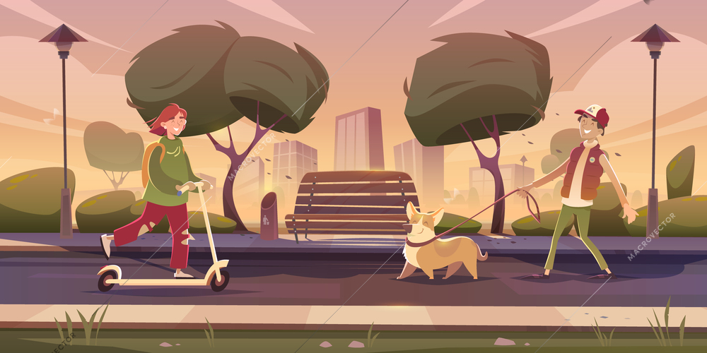 Evening landscape of city park with empty bench and happy people riding scooter and walking dog cartoon vector illustration