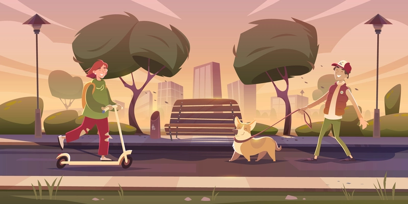 Evening landscape of city park with empty bench and happy people riding scooter and walking dog cartoon vector illustration