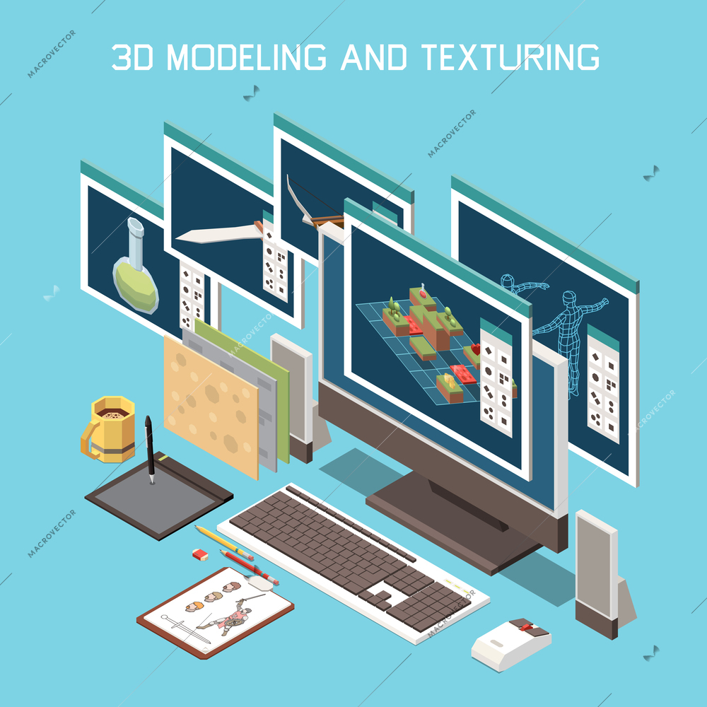 Game development and modeling isometric concept with texturing symbols vector illustration