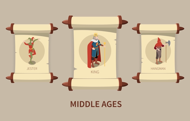 Middle ages isometric set with king and jester isometric isolated vector illustration