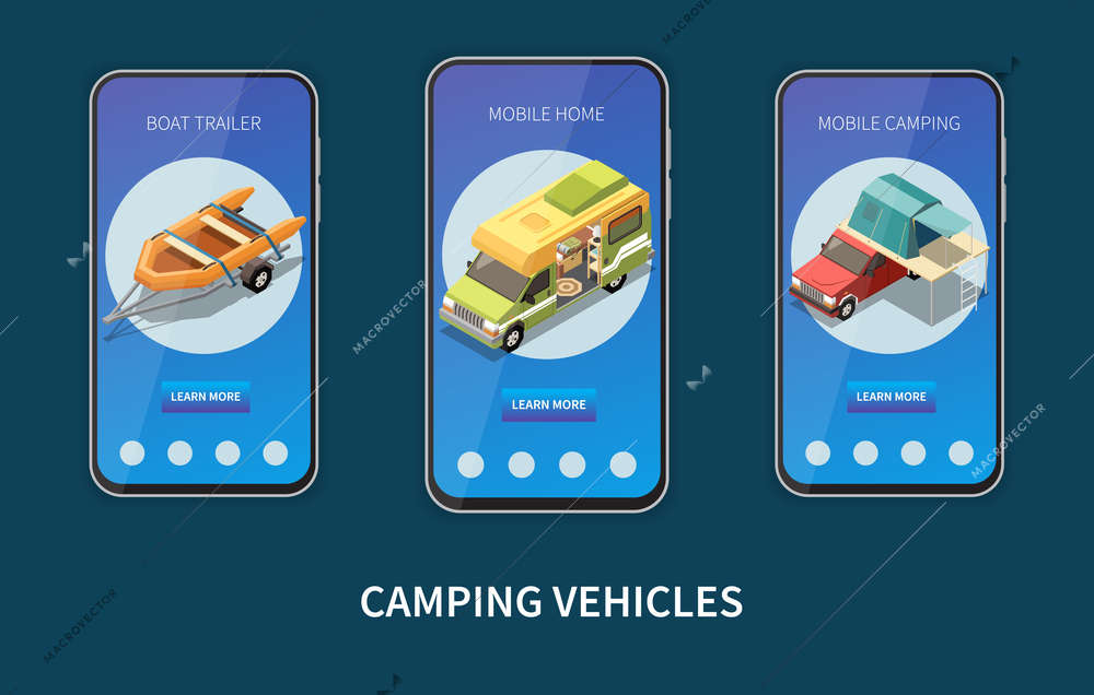 Camping van composition with boat trailer symbols isometric isolated vector illustration