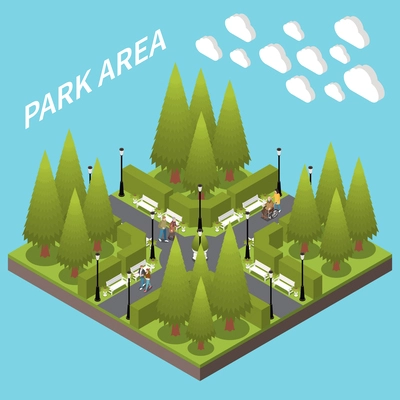 Park landscape area concept with nature elements isometric vector illustration