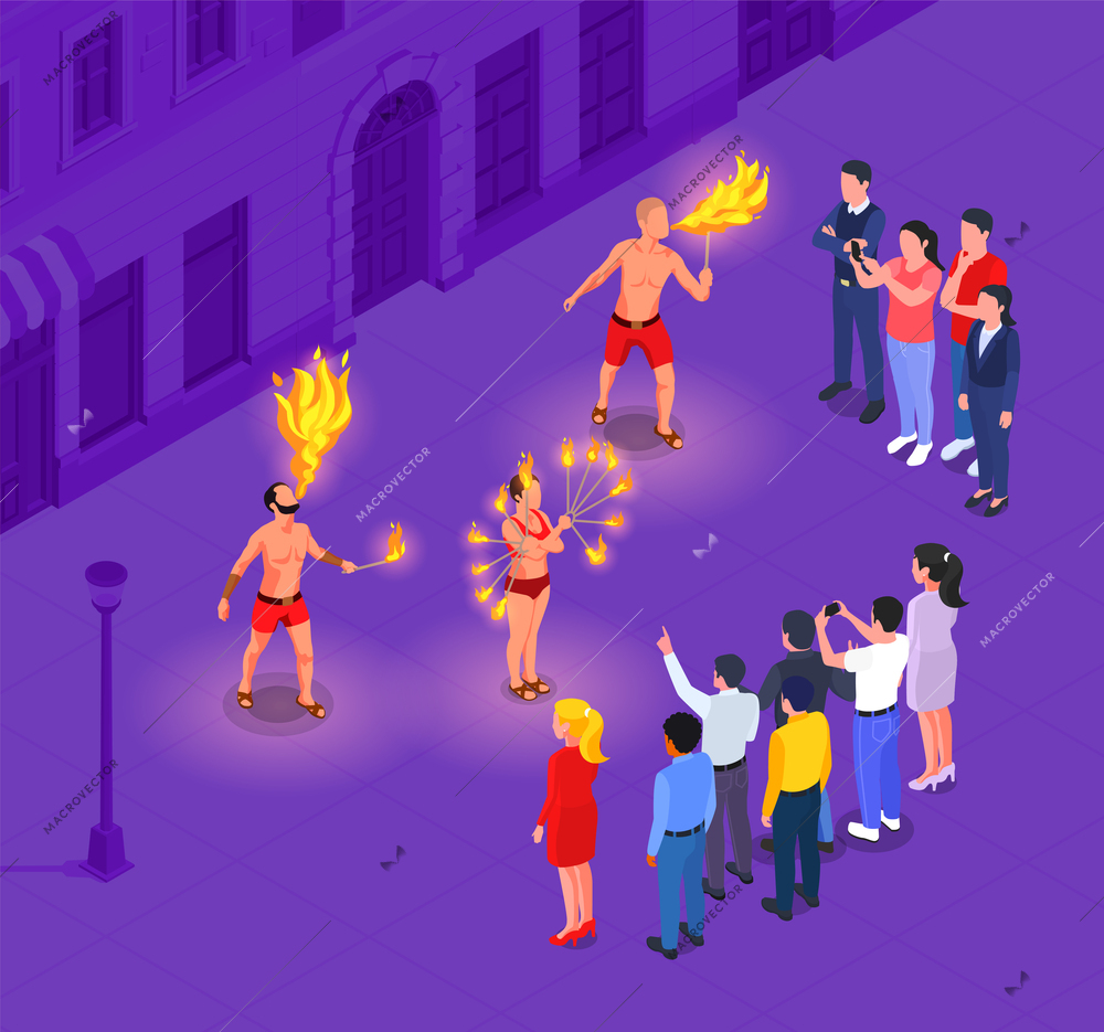 Fire show performance on the city street isometric composition vector illustration