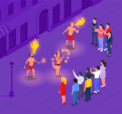 Fire show performance on the city street isometric composition vector illustration