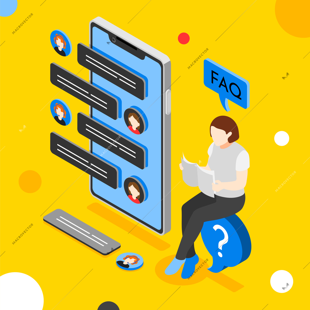 FAQ concept isometric background with woman sitting near giant mobile phone on question mark vector illustration