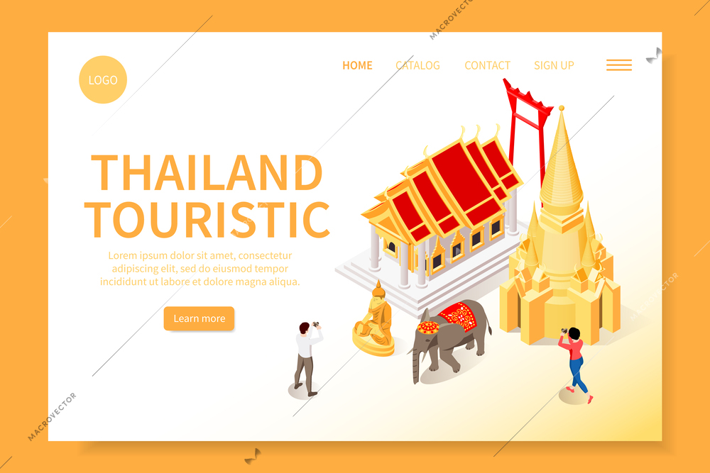 Thailand touristic web site isometric landing page with images of sightseeing landmarks editable text links buttons vector illustration