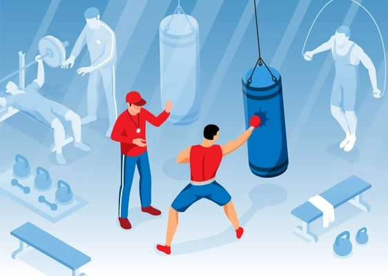 Isometric boxing composition with indoor view of gym with apparatus boxing coach and trainee punching bag vector illustration
