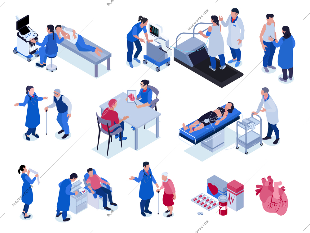 Cardiologist isometric icons set of medical specialists consulting checking appointing treatment for patients isolated vector illustration