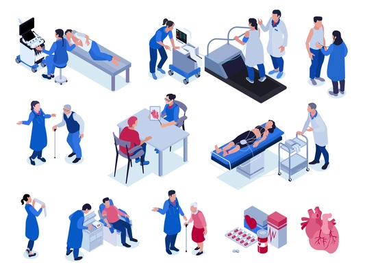 Cardiologist isometric icons set of medical specialists consulting checking appointing treatment for patients isolated vector illustration