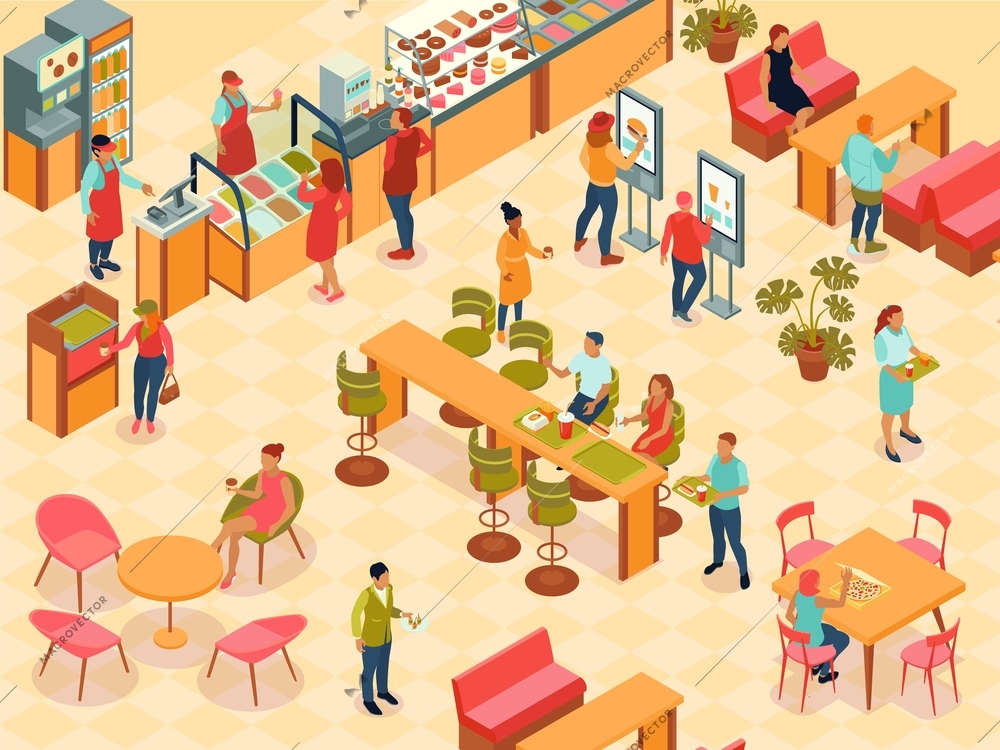 Food court isometric background with counters stalls and dining area vector illustration