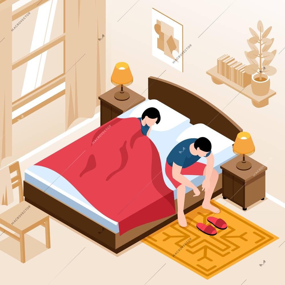 Isometric man with reproductive health disorder symptoms sitting on bed 3d vector illustration