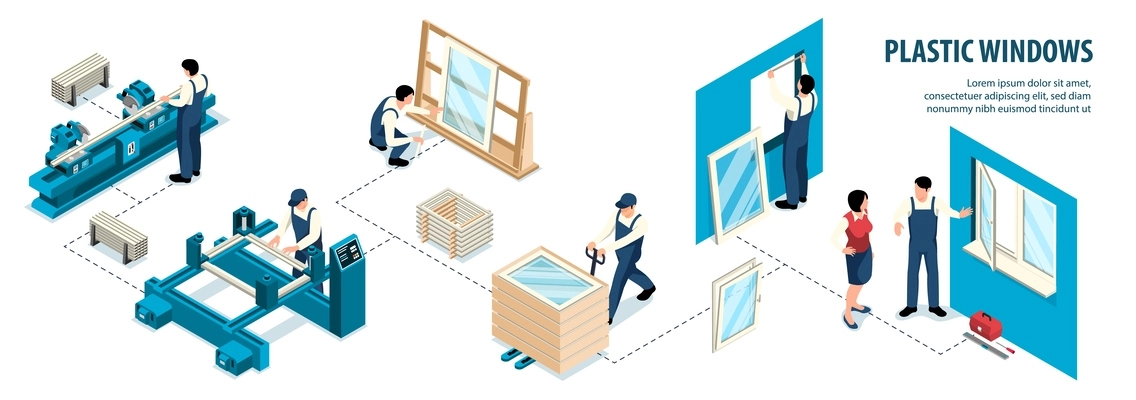 Workers in uniform during manufacture and installation of plastic windows isometric infographics 3d vector illustration