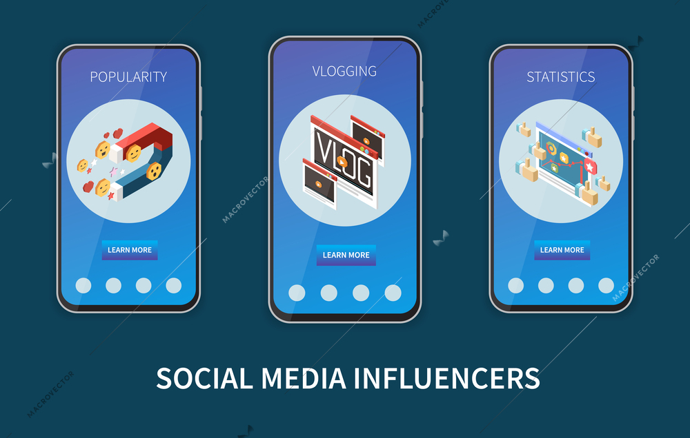 Isometric set of vertical social media mobile banners with popularity vlogging and statistics images isolated 3d vector illustration