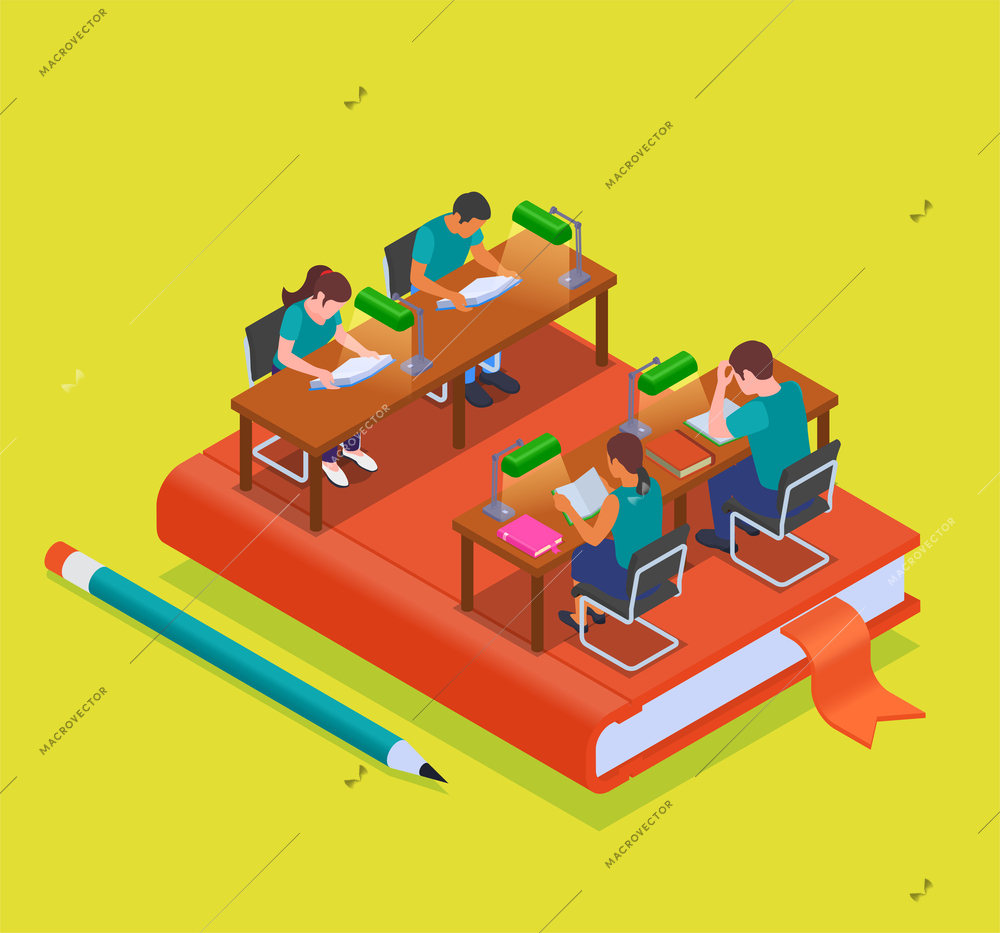 College isometric composition with univesity people sitting on learning book vector illustration