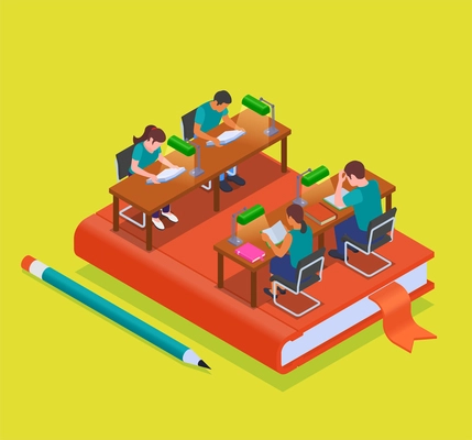 College isometric composition with univesity people sitting on learning book vector illustration