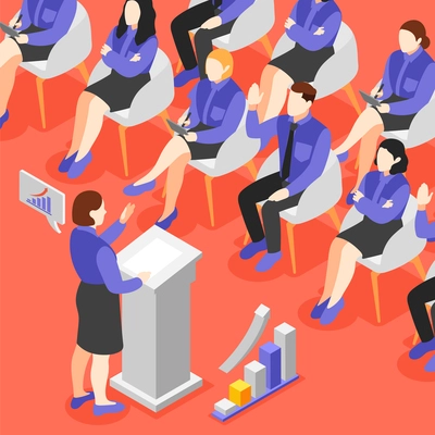 Business training isometric background ith speaker in front of the audience vector illustration