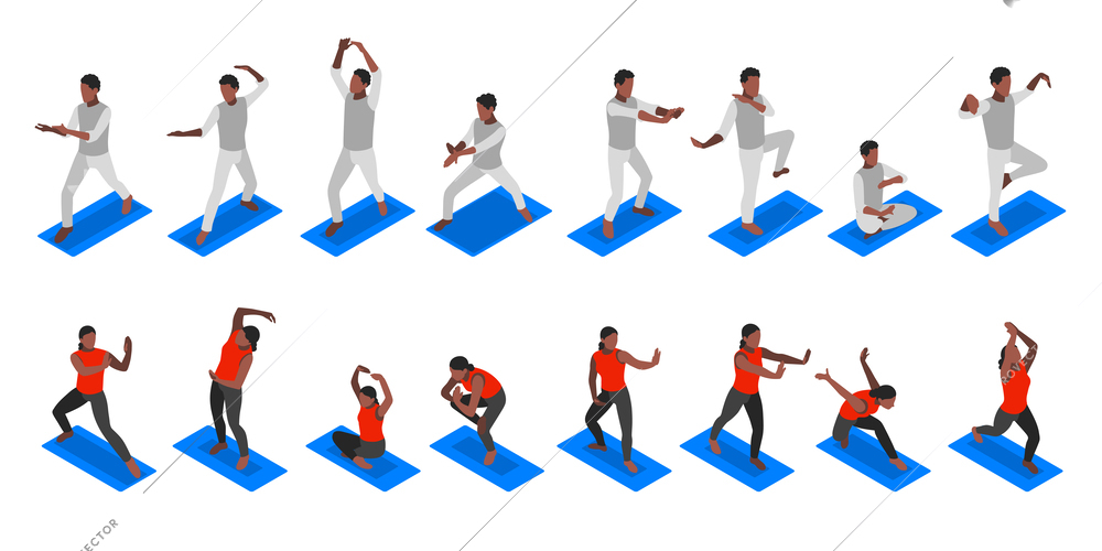 World tai chi and qigong day isometric icons set with practicing men and women isolated vector illustration