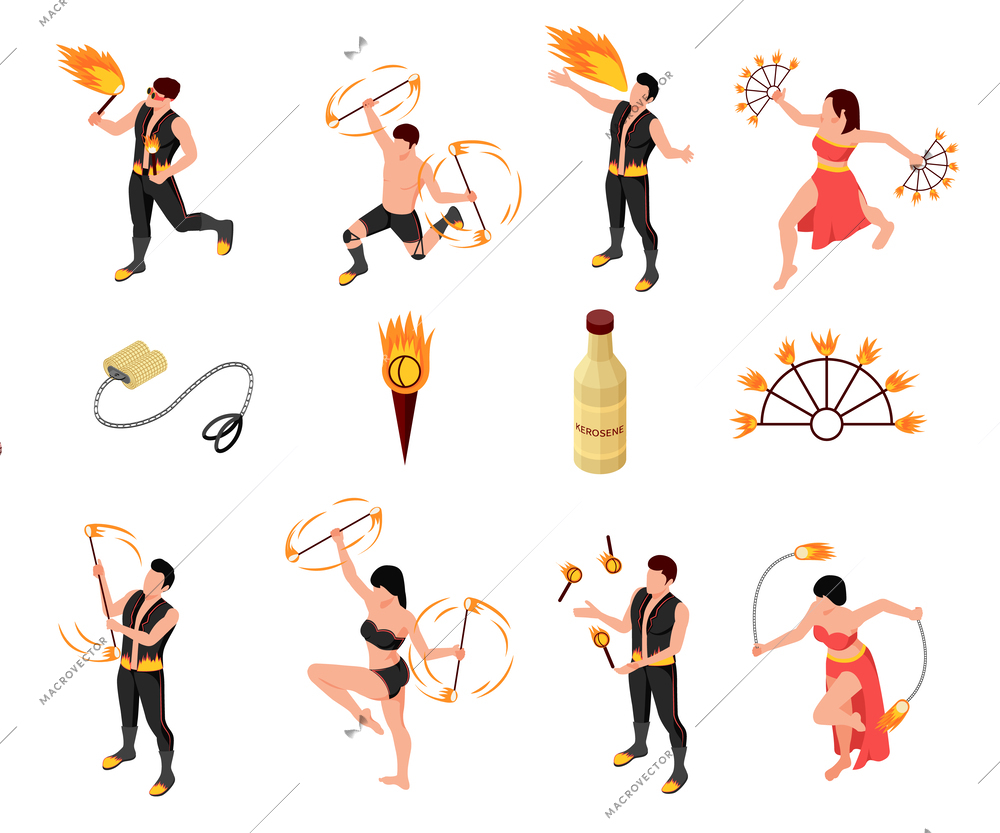 Fireshow people isometric set with fire dance symbols isolated vector illustration