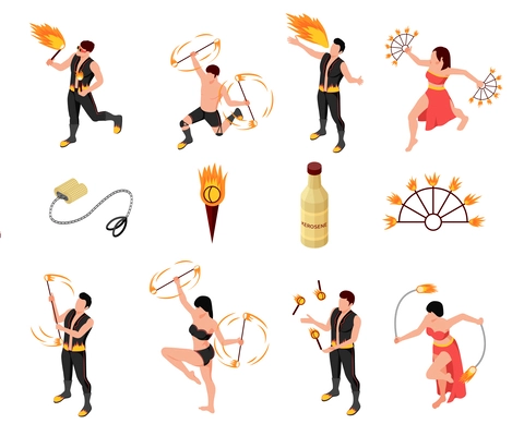 Fireshow people isometric set with fire dance symbols isolated vector illustration