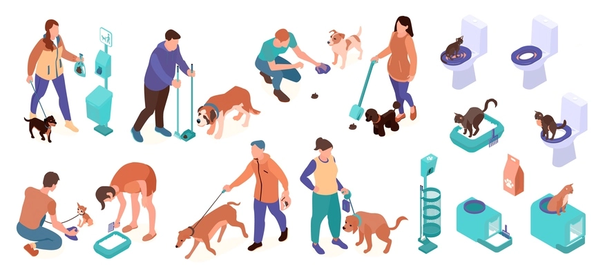People cleaning pets poop set with walk symbols isometric isolated vector illustration